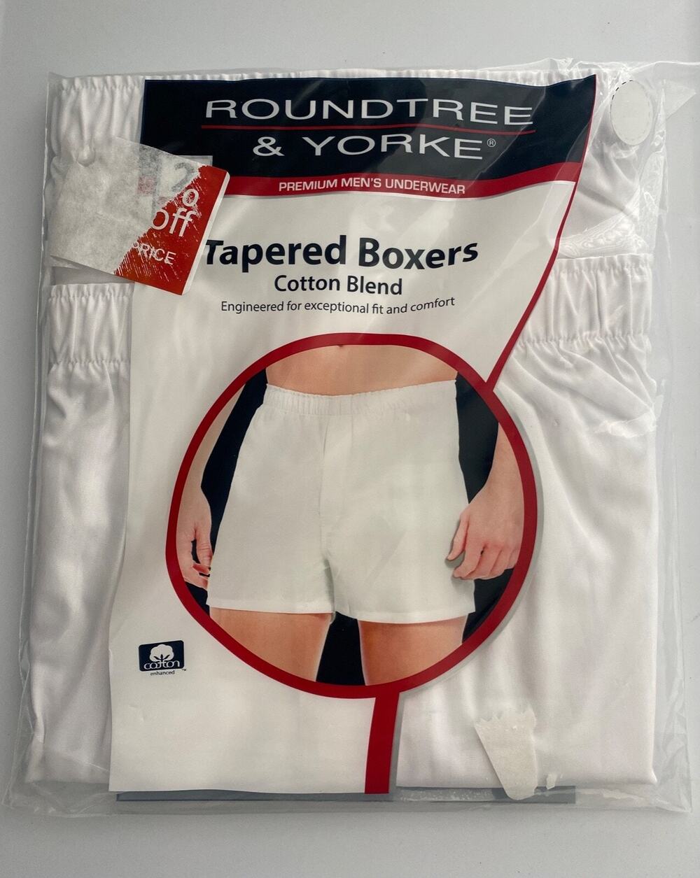 Roundtree & Yorke Underwear 2 Pack Tapered Boxer Boxers White Cotton Blend 42